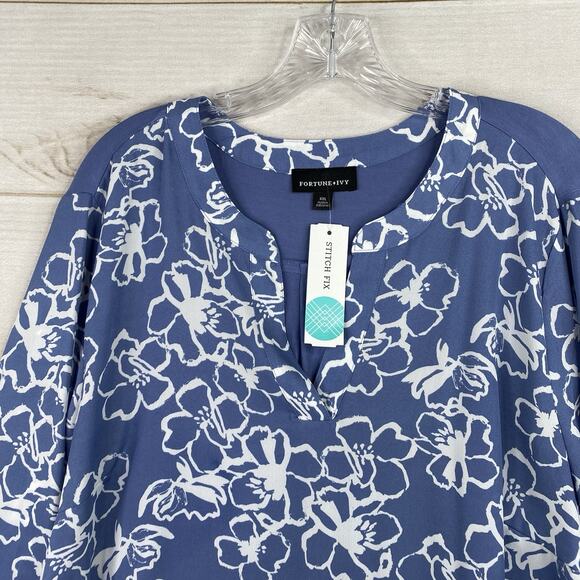 Fortune + Ivy Stitch Fix Women 2XL Top Blue Floral Boho Tie Neck Pullover NWT - Picture 2 of 10